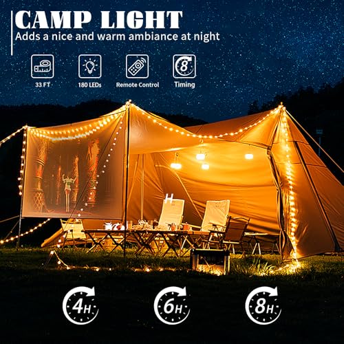Solar Camping String Lights 130LEDs,33 FT Fairy Lights with 13 Lighting,Portable Waterproof 4 in1 Camping Lantern,Retractable Twinkle Lights for Outdoor Camping Gear Essentials Accessories