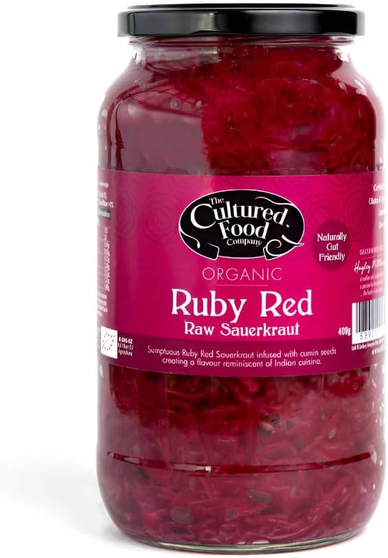 The Cultured Food Company - Organic Award Winning Ruby Red Sauerkraut 1kg Jar - 100% Natural Ingredients- Raw & Unpasteurised - Probiotic Rich - Fermented Red Cabbage- Handmade - No Preservatives