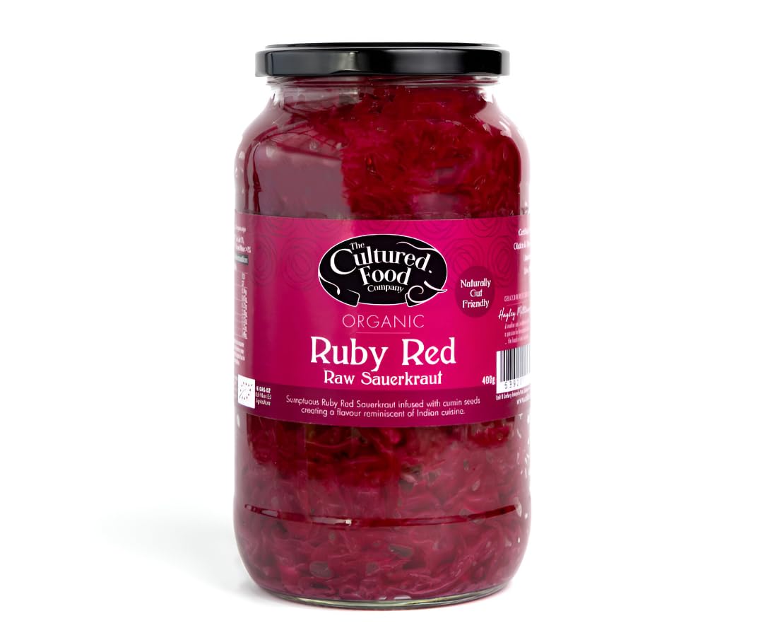 The Cultured Food Company - Organic Ruby Red Sauerkraut 1kg Jar - 100% Natural Ingredients- Raw & Unpasteurised - Probiotic Rich - Traditionally Fermented Red Cabbage- Handmade - No Preservatives
