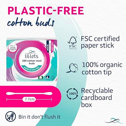 Lil-Lets Cotton Wool Buds, Certified Organic, 100% Pure Cotton Wool Tips, Durable Paper Stems, Plastic Free Cotton Buds, Dermatologically Tested, Pack of 200 - View 8