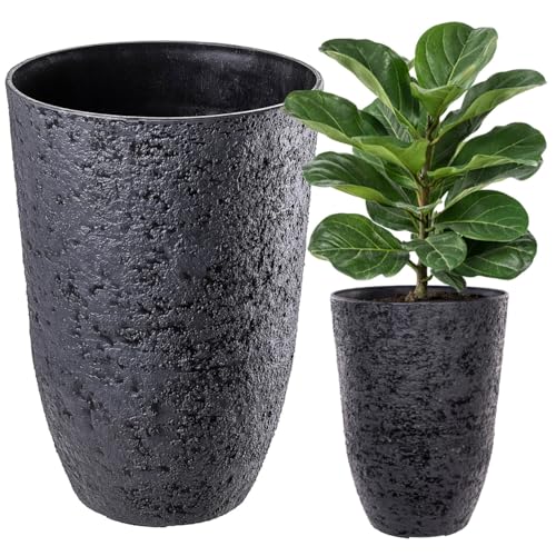 KADAX Macetero de 35 cm de diámetro x 50 cm de alto, maceta grande con aspecto de piedra realista, maceta de plástico, resistente a la intemperie para jardín (negro)