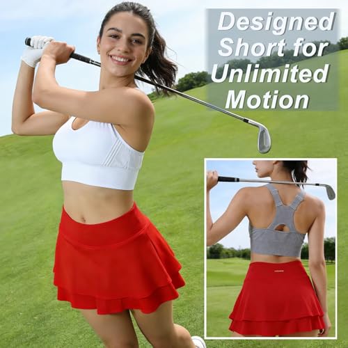 Tmeefee Double Ruffle Tennis Skirts for Women Golf Skort with 2 Pockets Shorts Underneath High Waisted Lightweight Quick Dry Skirts Athletic Gym Yoga Workout Running Workout Casual Pickleball Red — view 5