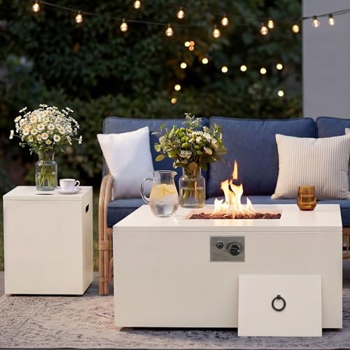 ECOTOUGE 2 Piece 32" Square Propane Fire Pit Table wirh Tank Holder, 50,000 BTU Outdoor Gas Fire Pit with Lid, Steel Fireplace w/Weather Cover, Lava Rocks for Patio, CSA Certified, White