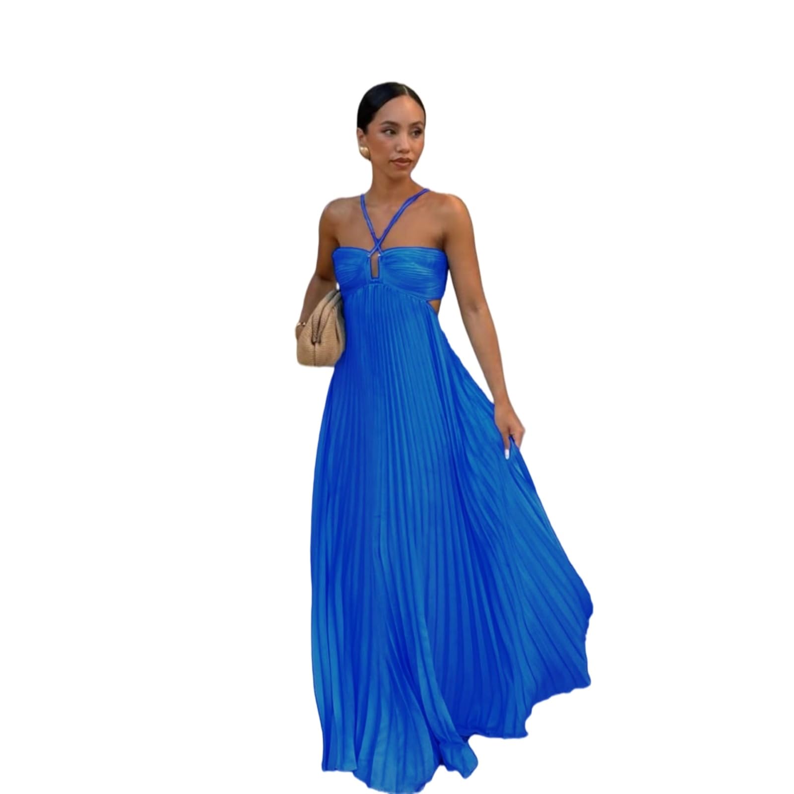 Vestito Donna Piegato Halter Maxi Abito Senza Maniche Schienale Pizzo Fino Elegante Estate Matrimonio Ospite Festa Lungo