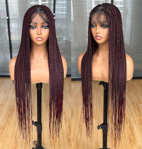 Annivia 36Inch Triangle Knotless Box Braids Wigs for Black Women Full Lace Box Braided Wigs Pre Plucked with Baby Hair Synthetic Cornrow Braided Lace Wigs Ombre Burgundy