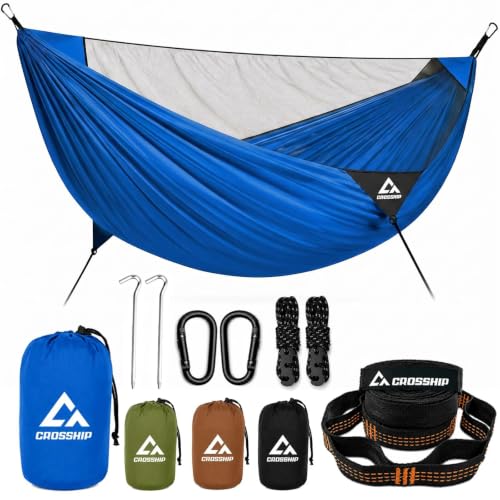 Image of Camping Hammock with Mosquito Net - Portable Parachute Nylon Hammock Tent with Tree Straps, Camp Rope & Stake - for Hiking, Backpacking, Travel, Backyard, Beach - Holds Up to 500lbs (Blue)