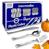 Stock Your Home 300 Silver Plastic Cutlery Set - Elegant Plastic Silverware - Disposable Flatware - 100 Plastic Forks, 100 Plastic Spoons, 100 Plastic Knives Heavy Duty Silverware for Party Bulk
