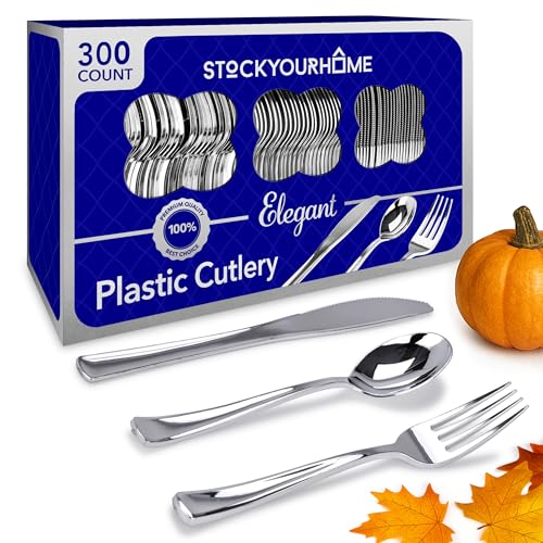 Stock Your Home Silver Plastic Cutlery Set 300 Pack Disposable Silverware Heavy Duty Plastic 100 Forks, 100 Knives, 100 Spoons for Catering Events, Parties, Dinners, Weddings, Receptions, Everyday Use