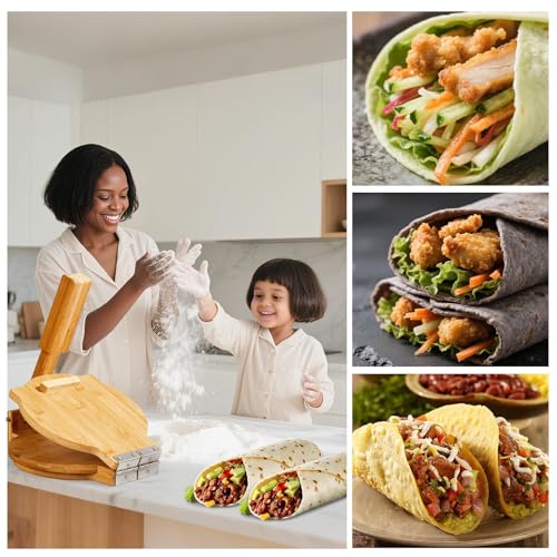 Image of Wooden Tortilla Press 10 Inch - Tortilla Maker Bamboo Prensa para Tortillas with 50 Parchment Paper & Dough Cutter, Mexican Tortillera Press for Homemade Corn Tortillas, Burritos, Taco, Roti