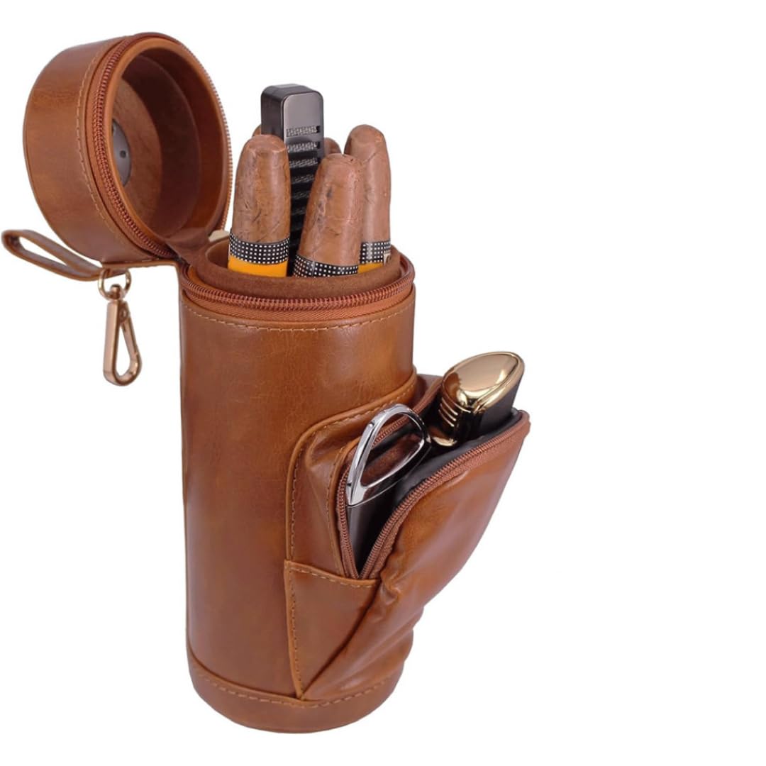 Brown cylindrical humidor cedar lining 5 cigar capacity and accessory pockets 8x4 for cutter lighter travel portable and
