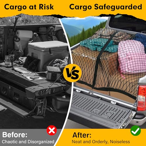 Cargo Net for Pickup Truck Bed 4\'×4\' Stretches to 7\'×7\', Highly Elastic Truck Bed Net with Fine Mesh & 8 Strong Metal Carabiners, Easy to Install Cargo Netting for Vehicles, Trailers, Boats - Thumbnail 7