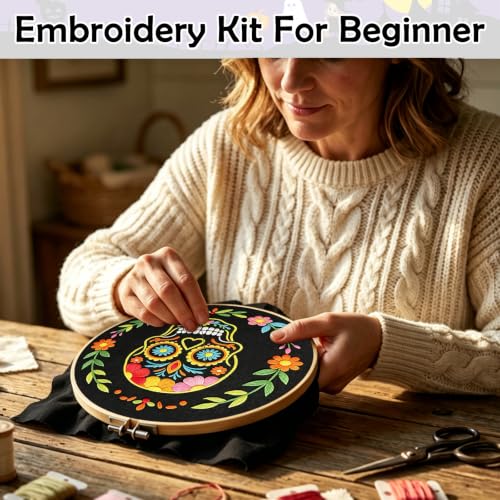 Image of Nuberlic Sugar Skull Embroidery Kit for Beginners Adults Stamped Needlework