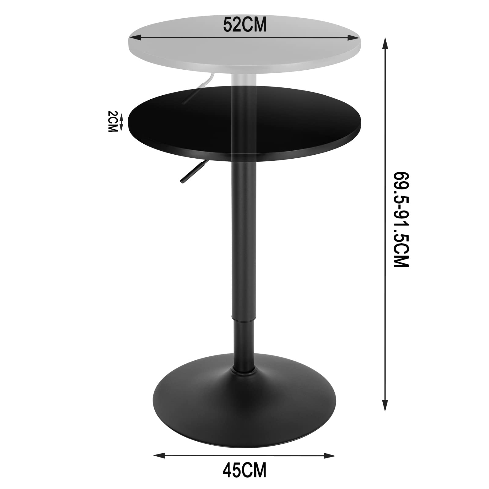WOLTU Bartisch Stehtisch, höhenverstellbarer Tisch 70-91 cm, multifunktionaler Partytisch in Wohnzimmer Küche Balkon, Bistrotisch aus MDF Metall, Schwarz, 52x52x91cm