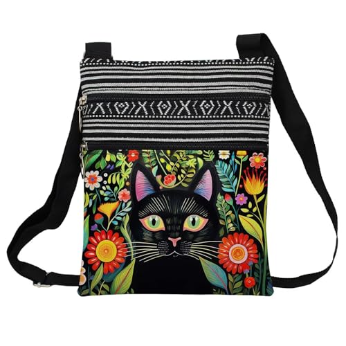 Ethnic Floral Cat Messenger Bag Small Ethnic Pattern Printed Adjustable Strap Crossbody Zipper Bag Ethnic Floral Cat Phone Bag Wallet Cute Shoulder Handbag for Women -1