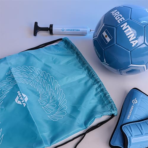 Image of Nivia Football Combo Pack of 4, 1 PVC Football, 1 Pair Shin Guard, 1 Ball Pump, 1 Carry Bag, for Kids & Adults, Size-3 (Argentina)