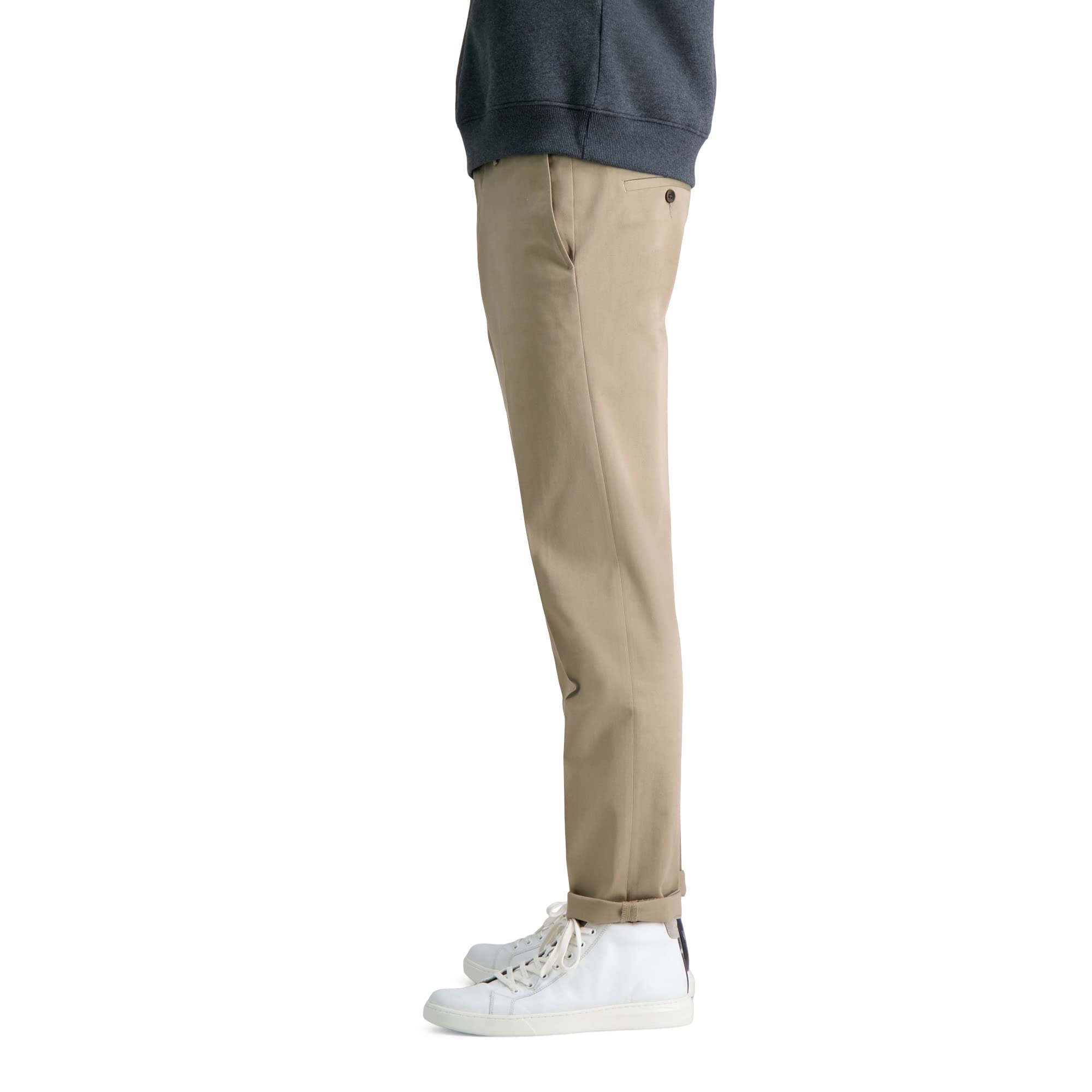 Haggar Pantalón Casual de Primera Calidad, Sin Planchado, Color Caqui, Corte Ajustado, Frente Plano Hombre