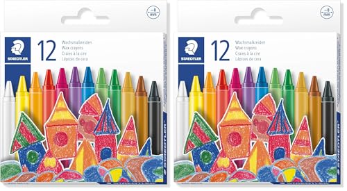 Staedtler Wachsmalkreide, leuchtende Farben, 8 mm Durchmesser, mit Papiermanschette, 12 Wachsmalkreiden in sortierten Farben im Kartonetui, 220 08 C12 (Packung mit 2)