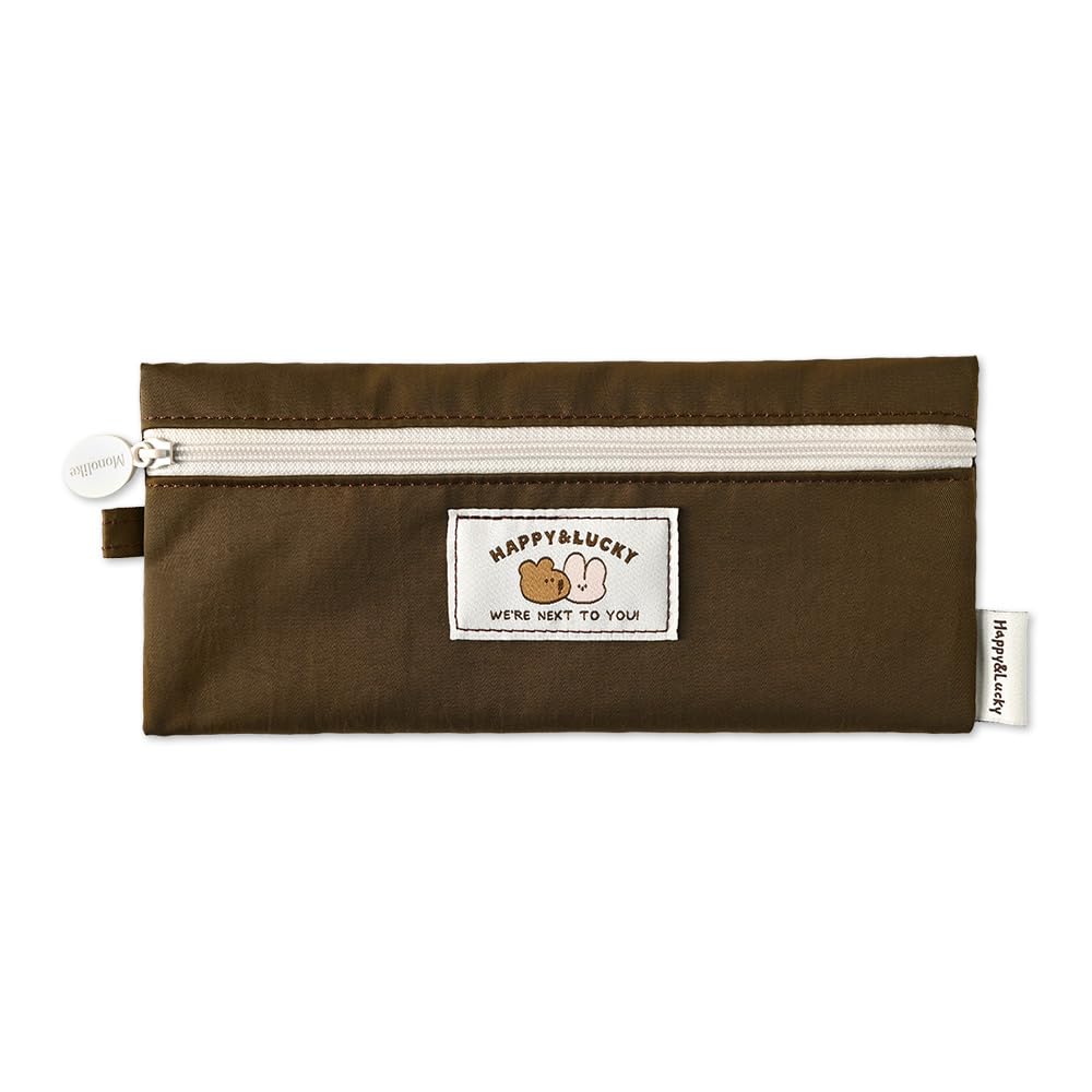 Monolike Happy and Lucky Flat Pencil Case, Brown - Slim Water-Resistant Nylon Pen Pouch, Aesthetic Pastel Stationery Organizer for Office