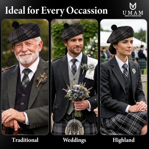 Image of Scottish Tam O' Shanter Hat Tartan Bonnet Pom Pom Wool Flat Cap One Size