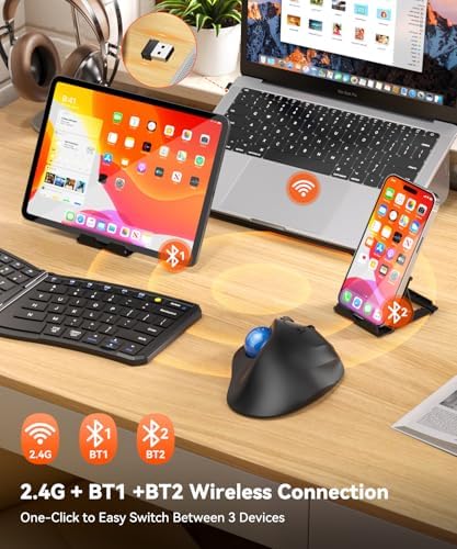 Ergonomic Wireless Trackball Mouse, 3 Device Connection (Bluetooth or 2.4G USB Receiver) Bluetooth Quiet Computer Mouse, 2*AAA Battery Thumb Laptop Mice with 5 Level DPI for PC/Laptop/Mac/Windows Blue - 2