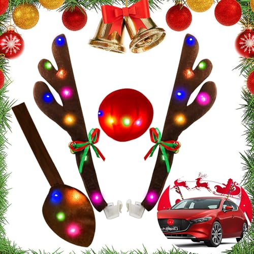 Auto Rentier Geweih Weihnachtsdeko, Rentier Kostüm für Auto mit LED...