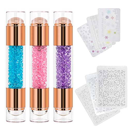 Nail Double Stamper and Scraper TOEDO 3PCS Nail Stamping Plates Set，Nail Silicone Stamper Jelly Seal Manicure Print Tool Crystal Handle Stamping Plate Set for Nails