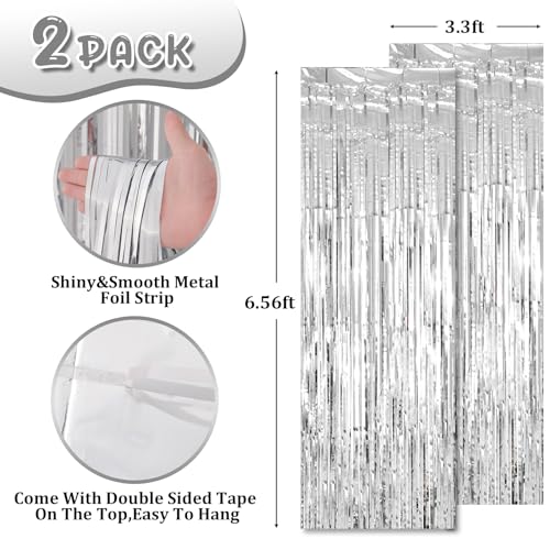Image of Voircoloria 2 Pack Silver Tinsel Foil Fringe Curtains, Silver Party Decorations, Metallic Tinsel Party Streamers Backdrop for Birthday Baby Shower Graduation Wedding Bachelorette Party Decorations