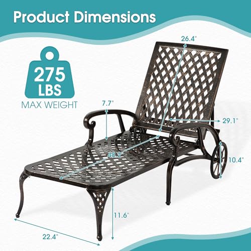 HOMEFUN Chaise Lounge Chair Outdoor, Poolside Lounger Set of 2 Cast Aluminum Tanning Chairs with Adjustable Backrest and Moveable Wheels, Bronze