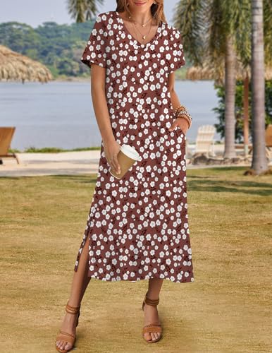 Image of Zeagoo Women Summer Floral Dress Short Sleeve Beach Dress with Pockets Casual V-Neck Split Long T-Shirt Dress Travel Vacation