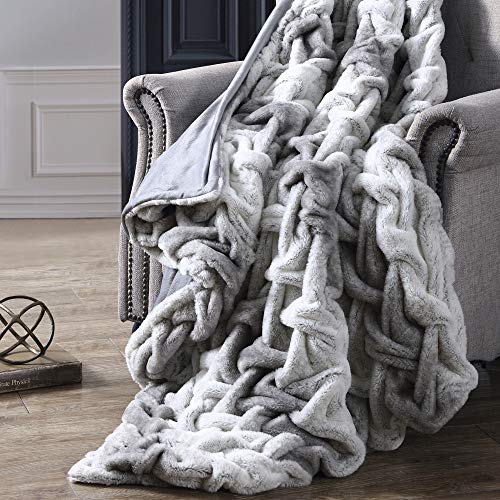 Image of Modern Threads Luxury Solid Braided Faux Fur Reverse to Flannel Throw Blanket, Silver - 50 inch x 60 inch