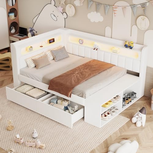 FammyLoft Cama tapizada de 90 x 200 cm con iluminación LED, cama juvenil con puerto USB, cama de almacenamiento con zapatero y dos cajones, sin colchón, cama individual, marco de cama, cama para