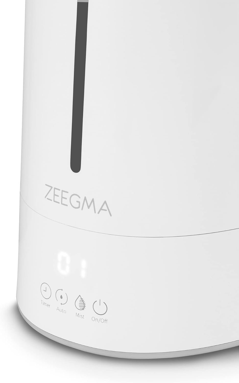 Жакын план view of the ZEEGMA Vers IONI Humidifier's touch control panel, displaying icons for Timer, Auto mode, Mist level, and On/Off.