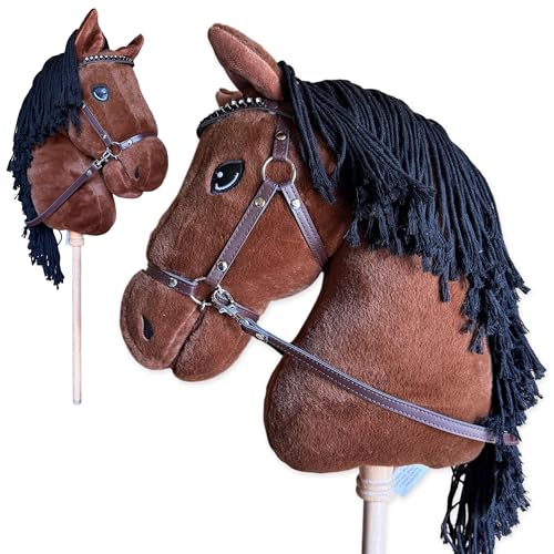 Large Hobby Horse for Kids and Adults – Show Quality with Rhinestone Studded Bridle, Removable Reins, and Long Mane – Plush Handmade Tournament Stick Horse (Bay (Brown))