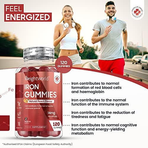 Iron Gummies 14mg  120 Vegan Ferrous Fumarate Gummies(2 Months Supply) - Alternative to Iron Tablets  Natural Peach Flavour Iron Supplements for Women and Men - Immune & Energy Supplements