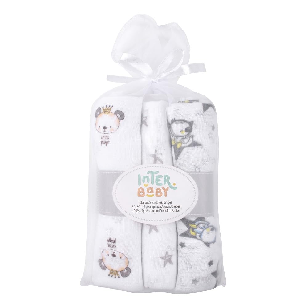Interbaby Mussola Di Cotone Neonato Con Stampe Grigie 200 g