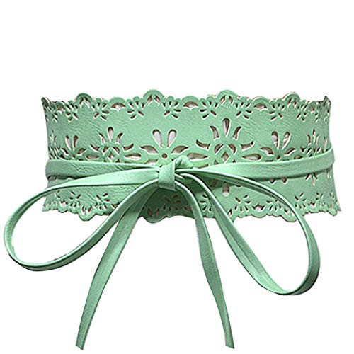 Women's Soft Leather Flower-hollow Waist Belt Bow Tie Wrap Around Boho Corset for Dresses (Green)
