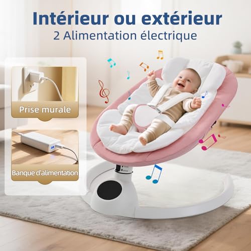Transat Balancelle Bebe Electrique jusqu’à 9 kg, Pliable Bluetooth Balancelle pour Bébé avec 5 Vitesses de Balancement, Minuterie à 3 Niveaux et Télécommande, Portable Transat Bebe (Rose) – vue 3