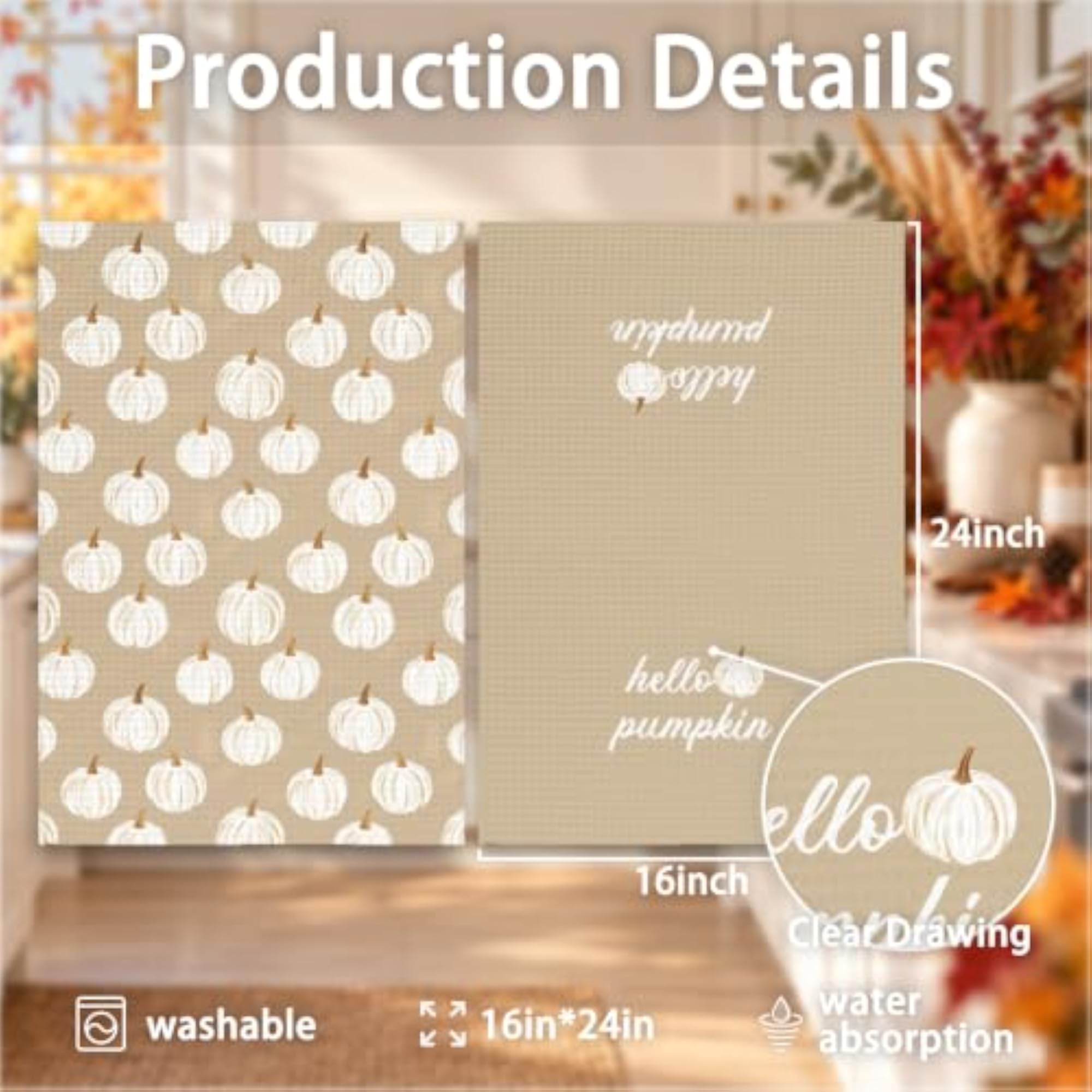 Fall White Pumpkin Decor Kitchen Towels Set of 2