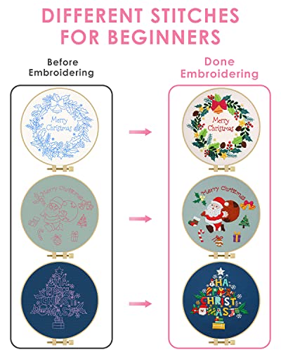 Image of TINDTOP Christmas Embroidery Kit for Adult, 3 Sets Embroidery Stitch Practice kit Include Embroidery Cloth Hoops Threads for Craft Lover Hand Stitch | 3 Sets Include Embroidery Cloth Hoops Threads for Craft Lover Hand Stitch