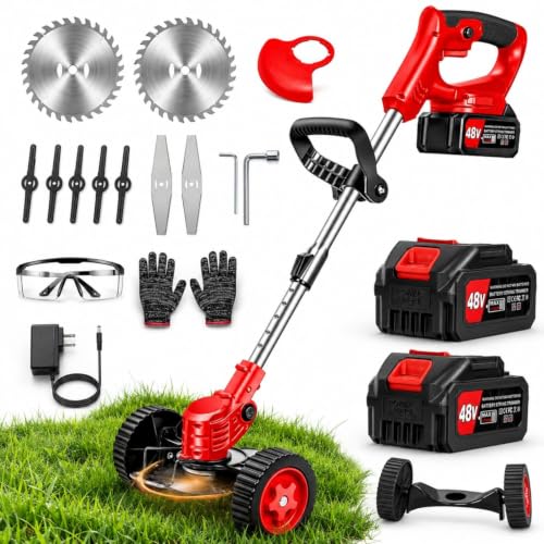 Image of Electric Wireless Rechargeable Edge Cutter 48V-2 Batteries-25cm Cutting Width|3-in-|Adjustable Height|3 Blade Types |Lawns & Gardens|Straight Blades Trimming Scissors. (Old-Red)