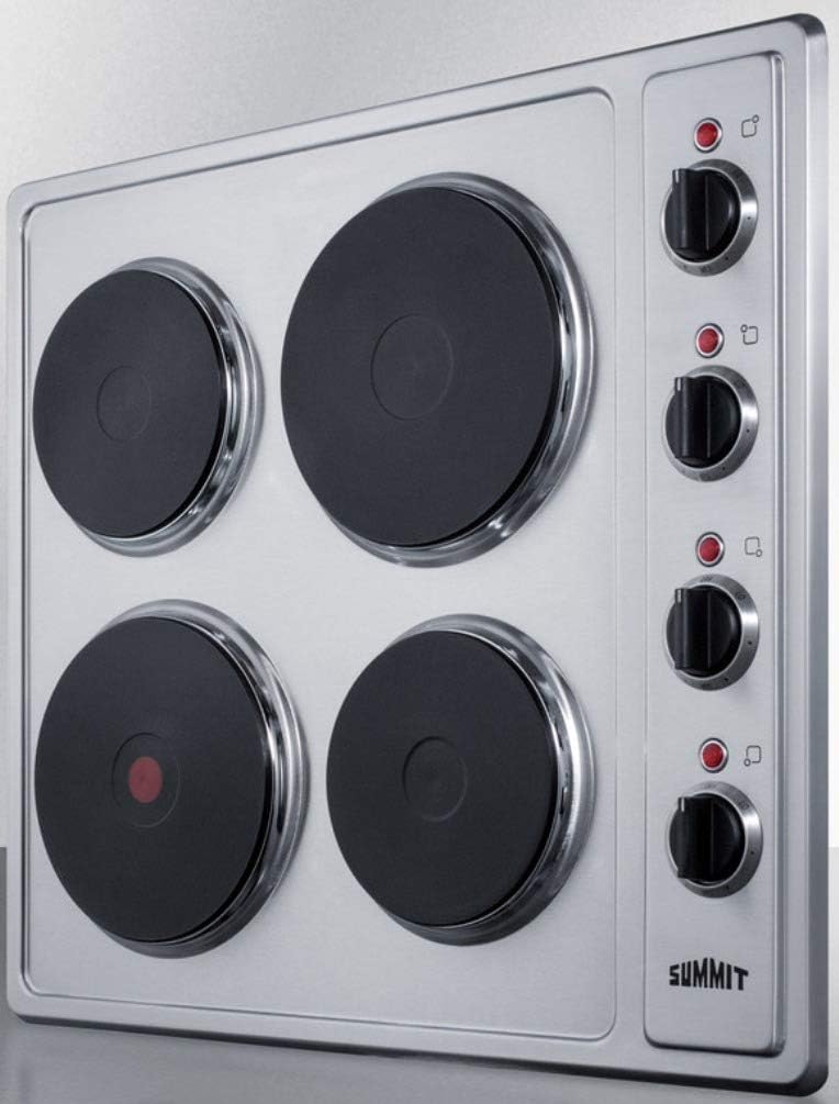 Summit 24" Electric Cooktop, 4 Burners, 230V Solid Disk Cooktop, Stainless Steel and Black- CSD4B24