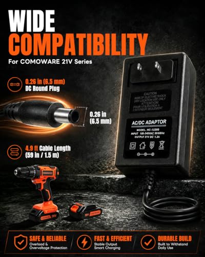 Image of COMOWARE 20V Fast Charger, 30W Official Charger Adapter for COMOWARE 20V Cordless Drill Battery, Rapid Charging Tool Accessories