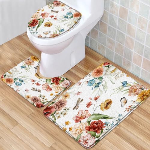 3pcs/Set Spring Flower Bath Rugs Watercolor Floral Butterfly Dragonfly Green Leaves Plant Scenery Pattern Print Low Pile Memory Foam Bathroom Decor Rug U Shape Mat Toilet Lid Cover 17.7 x 29.5 Inch