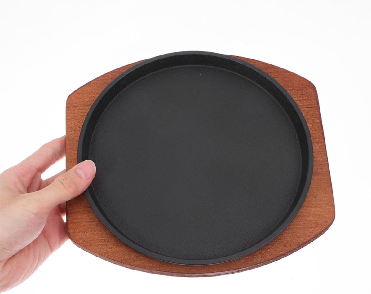 Iron Barbecue Grill Pan for Kitchen with Wooden Base, Efficient Heat Conduction, Locking in Juices, for Restaurant and Family Dinners, Steak Grill Plate