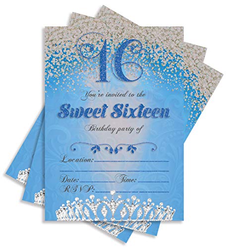 Sweet 16 Sixteen Birthday Party Double Sided Blue Invitations, Set of 25 5x7
