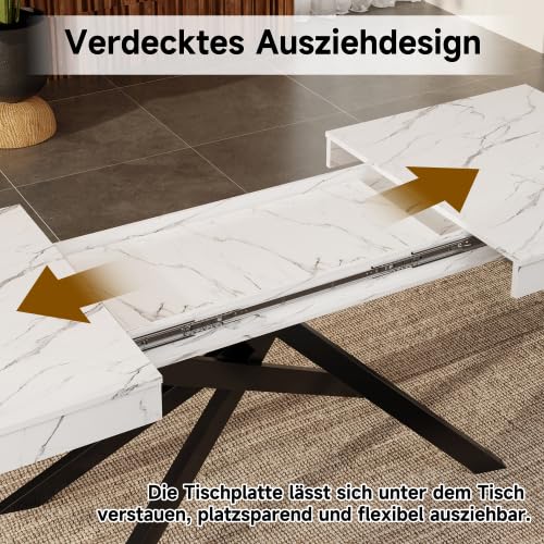 Merax Tavolo da pranzo allungabile 140-180 cm, tavolo da cucina per 6-8 persone, tavolo rettangolare con gambe in metallo e piano ispessito in bianco, per sala da pranzo, cucina e soggiorno