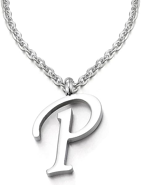 Nom Initial Lettre Alphabétique A Pendentif - Collier pour Femmes Homme - Acier - Couleur Argent - 50cm Corde Chaîne - 5