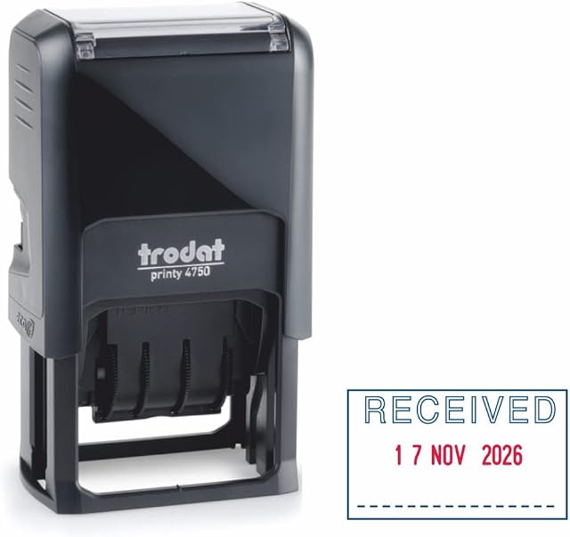 Trodat Printy 4750 Dater Stamp with English Phrase RECEIVED - Self Inking, Red Ink Date and Blue Text