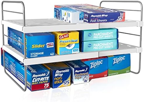 1Easylife Expandable Plastic Foil Organizer, 3-Tier Stackable Cabinet Shelf Organizers Adjustable Kitchen Wrap Box Organiser Rack Storage for Countertop Pantry(9.84 to 15.74" L)
