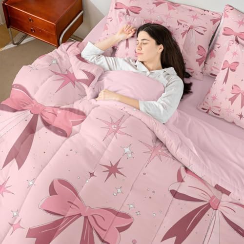 Image of Cute Bow Bed in a Bag King Size Comforter Set 7-Piece | Princess Bow Bedding Sets Dreamy Ribbon Bowknot Comforter and Sheet Set, Stars Watercolor Room Decor,Pink Bow Decor